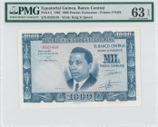 EQUATORIAL GUINEA: 1000 Pesetas Guineanas (12.10.1969) in blue on multicolor unpt. President M Nguema Biyogo at center on face. S/N: "0325410". WMK: K...