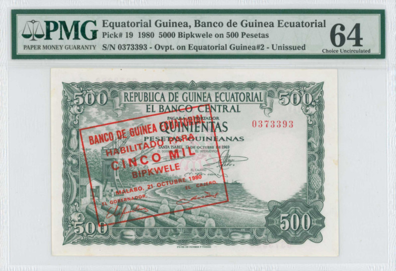 EQUATORIAL GUINEA: 5000 Bipkwele on 500 Pesetas (21.10.1980 / old date 12.10.196...