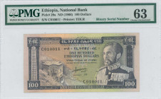 ETHIOPIA: 100 Dollars (ND 1966) in purple on multicolor unpt. Rock church Bet Giorgis in Lalibela at left and Emperor Haile Selassie at right on face....