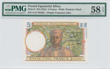 FRENCH EQUATORIAL AFRICA: 5 Francs (ND 1941) in green, brown and multicolor. Man at center on face. WMK: Woman head. Inside holder by PMG "Choice Abou...