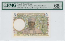 FRENCH WEST AFRICA: 5 Francs (27.4.1939) in brown, green and multicolor. Man at center on face. S/N: "O.6485 546". WMK: Man head. Inside holder by PMG...