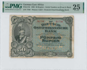 GERMAN EAST AFRICA: 50 Rupien (15.6.1905) in black on blue unpt. Portrait of Kaiser Wilhelm II in cavalry uniform at left on face. Two S/Ns: "7798" bo...