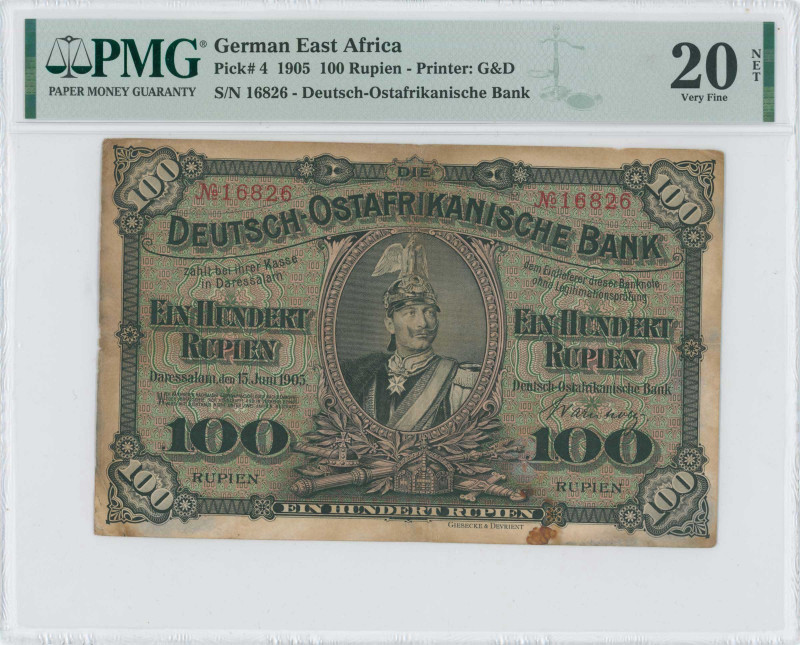 GERMAN EAST AFRICA: 100 Rupien (15.6.1905) in black on green unpt. Portrait of K...