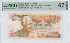 GHANA: 200 Cedis (10.8.1993) in light brown, orange and multicolor. Old man at left center and arms at top center right on face. S/N: "R/2 9621196". W...