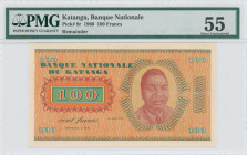 KATANGA: Remainder 100 Francs (31.10.1960) in brown, green and yellow. Moise Tshombe at right on face. Without S/N, date and signatures. Printed by (R...