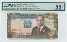 KENYA: 200 Shillings (1.7.1987) in purple and multicolor. Arms at center and President Daniel Toroitich Arap Moi at right on face. S/N: "A/26 505406"....