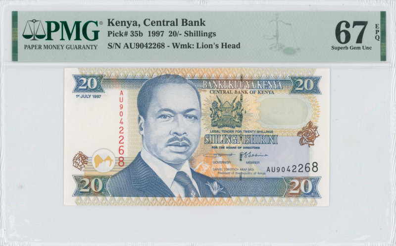 KENYA: 20 Shillings (1.7.1997) in dark blue on multicolor unpt. President Daniel...