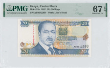 KENYA: 20 Shillings (1.7.1997) in dark blue on multicolor unpt. President Daniel Toroitich Arap Moi at center-left and arms at upper center-right on f...
