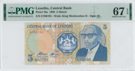 LESOTHO: 5 Maloti (1989) in deep blue on multicolor unpt. Arms at center and bust of King Moshoeshoe II at right on face. S/N: "E 700193". WMK: Moshoe...
