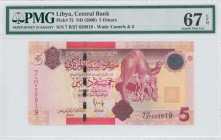 LIBYA: 5 Dinars (ND 2009) in red and multicolor. Two camels at right on face. S/N: "7 B/27 620919". WMK: Camels & value "5". Printed by (TDLR). Inside...