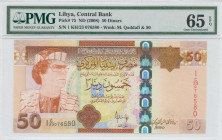 LIBYA: 50 Dinars (ND 2008) in brown and tan on multicolor unpt. Muammar Qaddafi at right on face. S/N: "1 KH/23 076580". WMK: M Qaddafi & value "50". ...