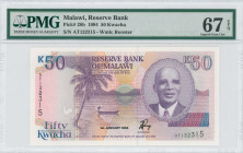 MALAWI: 50 Kwacha (1.1.1994) in pale purple, violet and blue on multicolor unpt. Portrait of Dr Hastings Kamuzu Banda as President at right on face. S...