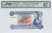 MAURITIUS: Specimen of 5 Rupees (ND 1978) of Collector Series in blue on multicolor unpt. Queen Elizabeth II at right on face. S/N: "*003863". Red dia...