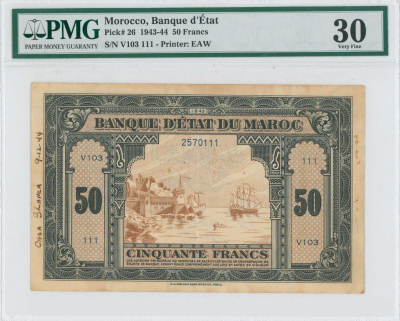 MOROCCO: 50 Francs (1.8.1943) in black and light brown. Fortress at left and sai...