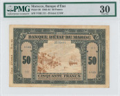 MOROCCO: 50 Francs (1.8.1943) in black and light brown. Fortress at left and sailing ship at right on face. S/N: "V103 111". Printed by EAW. Inside ho...