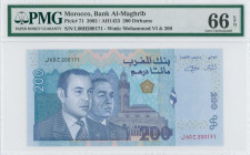 MOROCCO: 200 Dirhams (AH1423 / 2002) in dark blue, blue and multicolor unpt. Mohamed VI and Hassan II at left on face. S/N: "L60H 200171". WMK: King M...