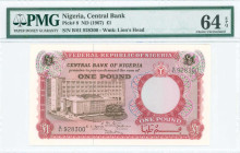 NIGERIA: 1 Pound (ND 1967) in red and dark brown. Bank building at left on face. S/N: "B/61 928300". WMK: Lion head. Inside holder by PMG "Choice Unci...