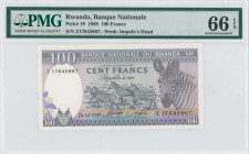 RWANDA: 100 Francs (24.4.1989) in black on lilac and multicolor unpt. Zebras at center and right on face. S/N: "Z 17645667". WMK: Impala Head. Inside ...