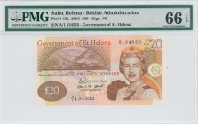 SAINT HELENA: 20 Pounds (2004) in brown on multicolor unpt. Queen Elizabeth II at right on face. S/N: "A/1 134555". Signature #6. Printed by (TDLR). I...