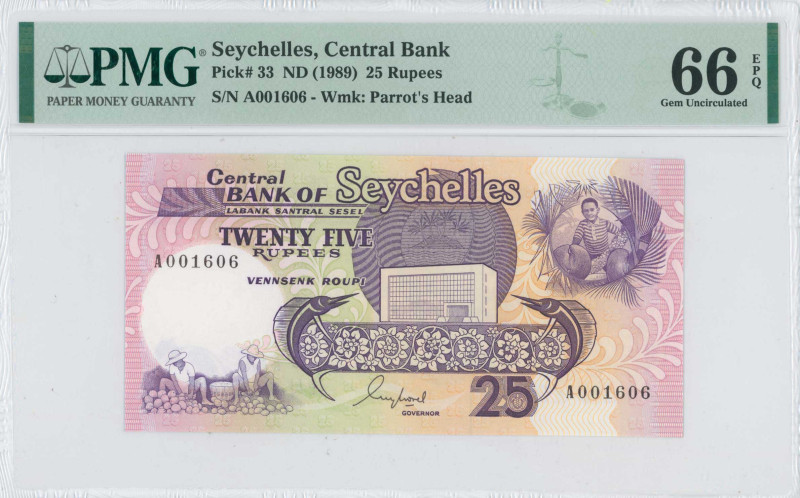 SEYCHELLES: 25 Rupees (ND 1989) in purple on multicolor unpt. Two men with cocon...