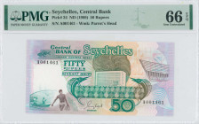SEYCHELLES: 50 Rupees (ND 1989) in dark green and brown on multicolor unpt. Two men in boat at lower left, prow of boat at upper right and bank buildi...
