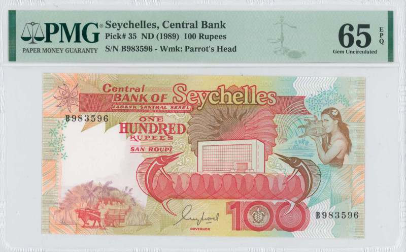 SEYCHELLES: 100 Rupees (ND 1989) in red and brown on multicolor unpt. Men in ox-...