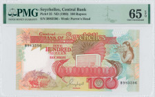 SEYCHELLES: 100 Rupees (ND 1989) in red and brown on multicolor unpt. Men in ox-cart at lower left, girl with shell at upper right and bank building a...