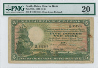 SOUTH AFCRICA: 5 Pounds (4.11.1941) in dark brown on pink and pale green unpt. Sailing ship at left on face. S/N: "B/19 951586". WMK: J Van Riebeeck. ...