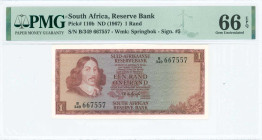 SOUTH AFRICA: 1 Rand (ND 1967) in dark reddish brown on multicolor unpt. Jan van Riebeeck at left on face. S/N: "B349 667557". WMK: Springbok. Signatu...