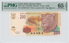 SOUTH AFRICA: 200 Rand (ND 2005) in brown on green and multicolor unpt. Leopard at center, large leopard head at right, coat of arms at top left on fa...