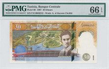 TUNISIA: 30 Dinars (7.11.1997) in green and yellow on multicolor unpt. Aboul El Kacem Chebbi at right on face. S/N: "F/6 0966232". WMK: Aboul el Kacem...