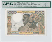 WEST AFRICAN STATES / IVORY COAST: 1000 Francs (ND 1959-1965) in brown, blue and multicolor. Man and woman at center on face. S/N: "W.176 12941". Code...