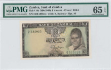 ZAMBIA: 1 Kwacha (ND 1969) in dark brown on multicolor unpt. President Kenneth Kaunda at right on face. S/N: "26/B 535025". WMK: Kaunda. Signature #3....
