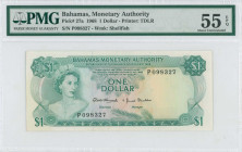 BAHAMAS: 1 Dollar (Law 1968) in green on multicolor unpt. Queen Elizabeth II at left on face. S/N: "P 098327". WMK: Conch shell. Printed by TDLR. Insi...