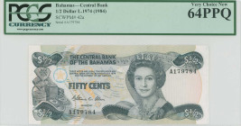 BAHAMAS: 1/2 Dollar (Law 1974 / ND 1984) in green on multicolor unpt. Mature portrait of Queen Elizabeth II at center right on face. S/N: "A 179784". ...