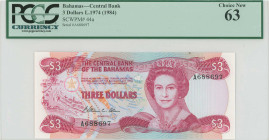 BAHAMAS: 3 Dollars (1984) in red-violet on multicolor unpt. Paradise beach at left, map at center left, mature portrait of Queen Elizabeth II at cente...