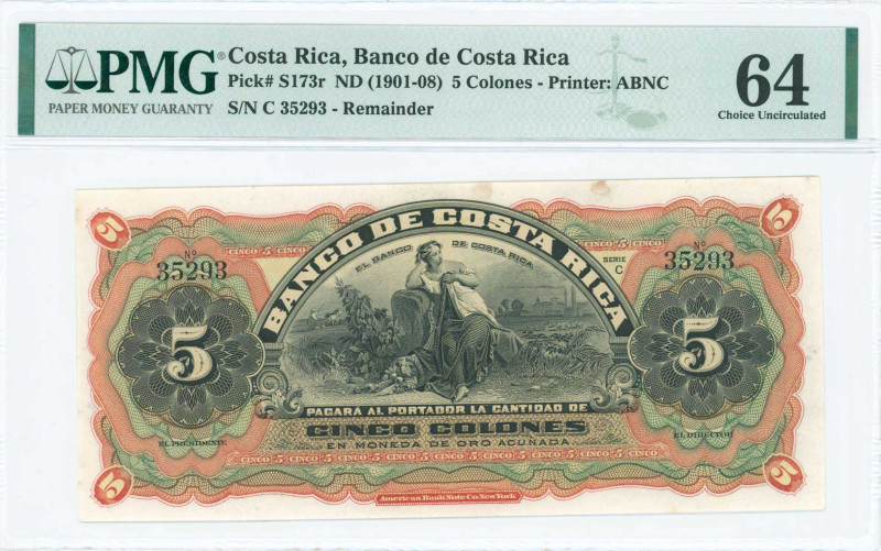 COSTA RICA: Remainder of 5 Colones (ND 1901-08) in black on red, brown and green...