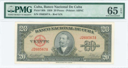 CUBA: 20 Pesos (1958) in black on olive unpt. Portrait of Antonio Maceo at center on face. Red S/N: "J 260567 A". Printed by ABNC. Inside holder by PM...