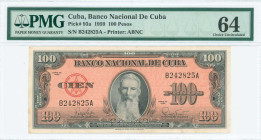 CUBA: 100 Pesos (1959) in black on orange unpt. Portrait of Francisco Vicente Aguilera at center on face. S/N: "B 242825 A". Printed by ABNC. Inside h...