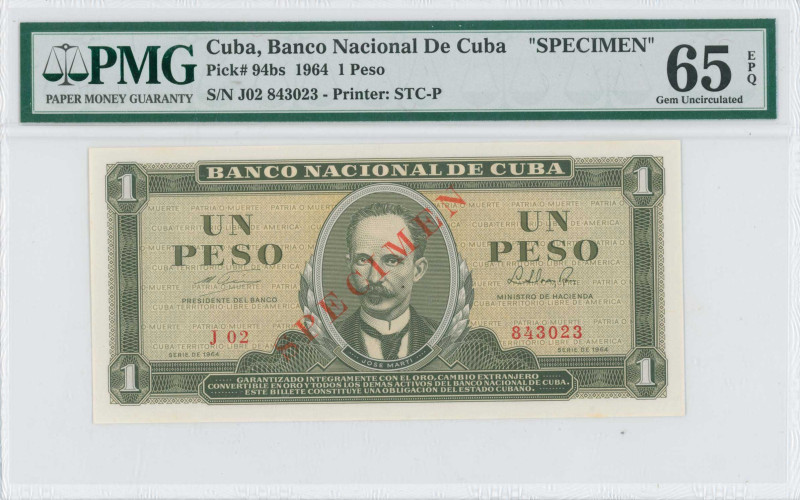 CUBA: Specimen of 1 Peso (1964) in olive-green on ochre unpt. Portrait J Marti a...