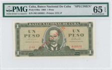 CUBA: Specimen of 1 Peso (1964) in olive-green on ochre unpt. Portrait J Marti at center on face. S/N: "J02 843023". Red diagonal ovpt "SPECIMEN" at c...