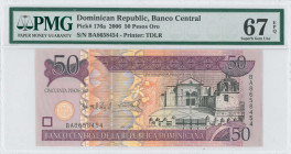 DOMINICAN REPUBLIC: 50 Pesos Oro (2006). Cathedral Primada de America Santa Maria Menor on face. S/N: "BA8658454. Upper right background border engrav...