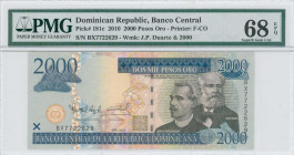 DOMINICAN REPUBLIC: 2000 Pesos Oro (2010) in black and blue on multicolor unpt. Emilo Prud Homme and Jose Reyes at right on face. S/N: "BX 7722629". W...