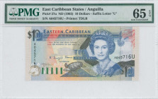 EAST CARIBBEAN STATES / ANGUILLA: 10 Dollars (ND 1993) in dark blue, black and red on multicolor unpt. Queen Elizabeth II at center right, turtle at l...