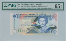 EAST CARIBBEAN STATES / ANGUILLA: 10 Dollars (ND 1994) in dark blue, black and red on multicolor unpt. Queen Elizabeth II at center-right on face. S/N...