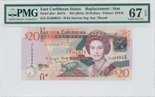 EAST CARIBBEAN STATES: Replacement of 20 Dollars (ND 2012) in purple and slate blue on multicolor unpt. Queen Elizabeth II at center-right and turtle ...