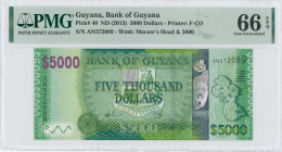 GUYANA: 5000 Dollars (ND 2013) in light and dark green. Arms at center on face. S/N: "AN 372089". WMK: Macaw head & value "5000". Printed by FC-O. Ins...