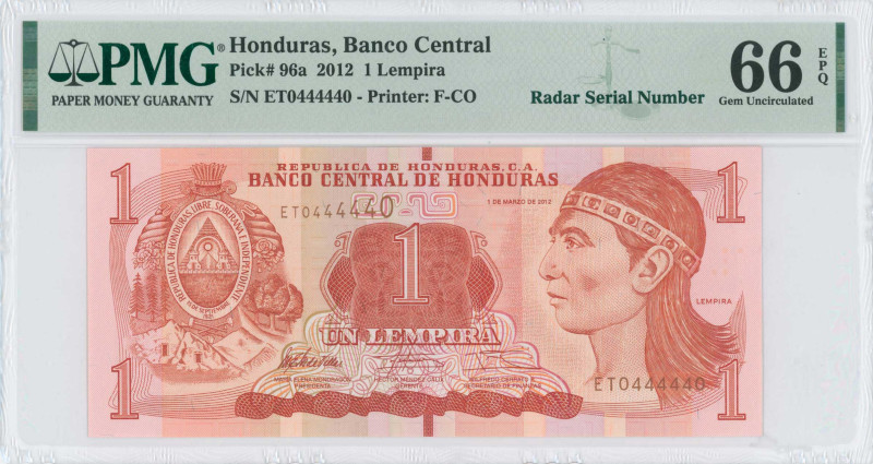 HONDURAS: 1 Lempira (1.3.2012) in dark red on multicolor unpt. Arms at left, Lem...