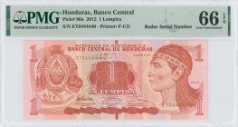 HONDURAS: 1 Lempira (1.3.2012) in dark red on multicolor unpt. Arms at left, Lempira at right on face. Radar S/N: "ET 0444440". Printed by F-CO. Insid...