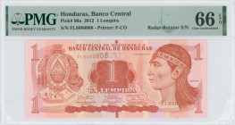 HONDURAS: 1 Lempira (12.6.2014) in dark red on multicolor unpt. Arms at left, Lempira at right on face. Radar S/N: "FL 8080808". Printed by FC-O. Vert...